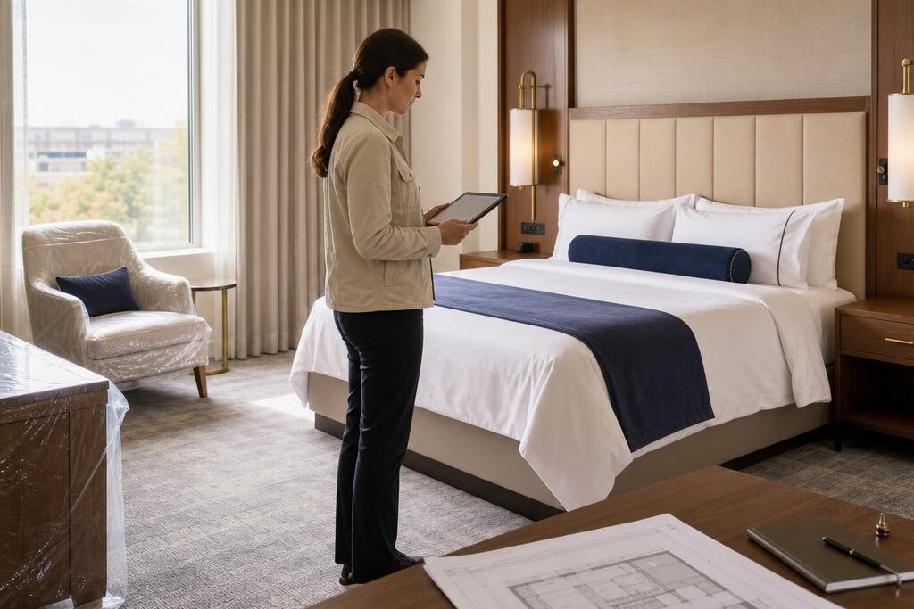 Project coordinator reviewing furniture placement in a hotel guestroom during renovation.