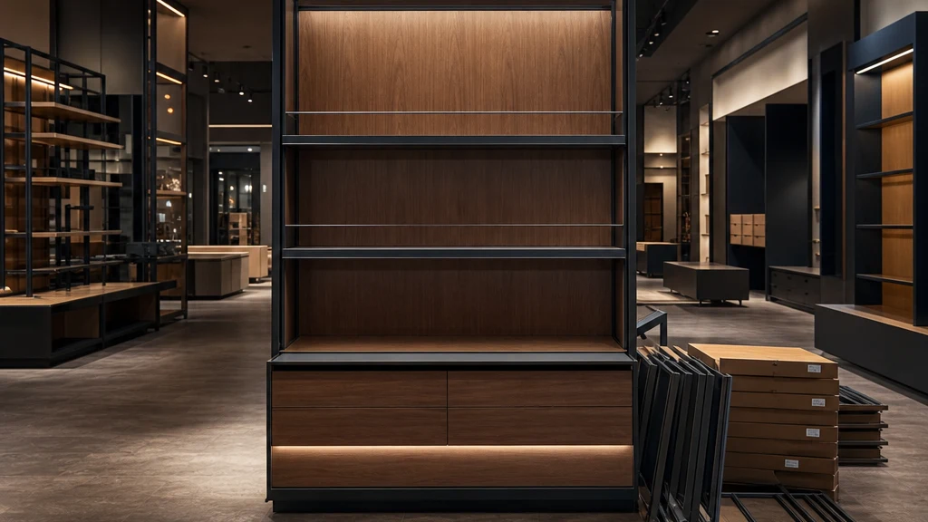 Illustrative retail interior with matching display fixtures and organized installation components.