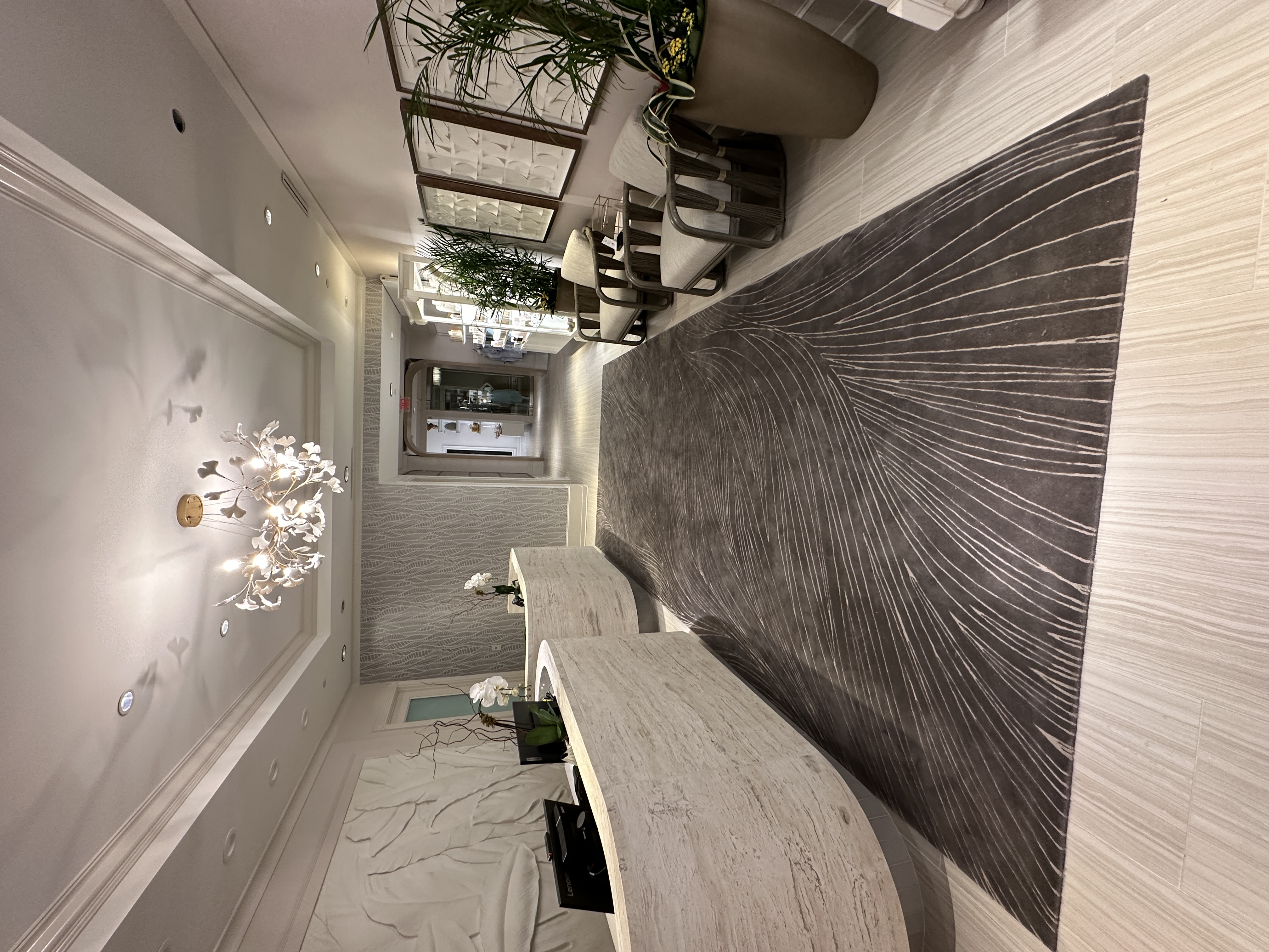 Spa reception desk with ginkgo chandelier